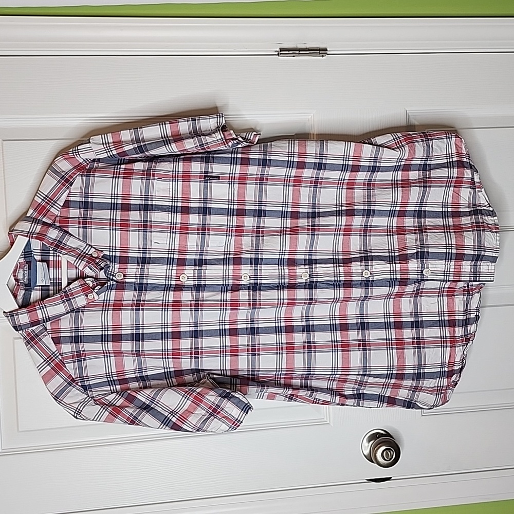 Columbia Red White & Blue Plaid Short Sleeve Button Down Shirt, Men's XL